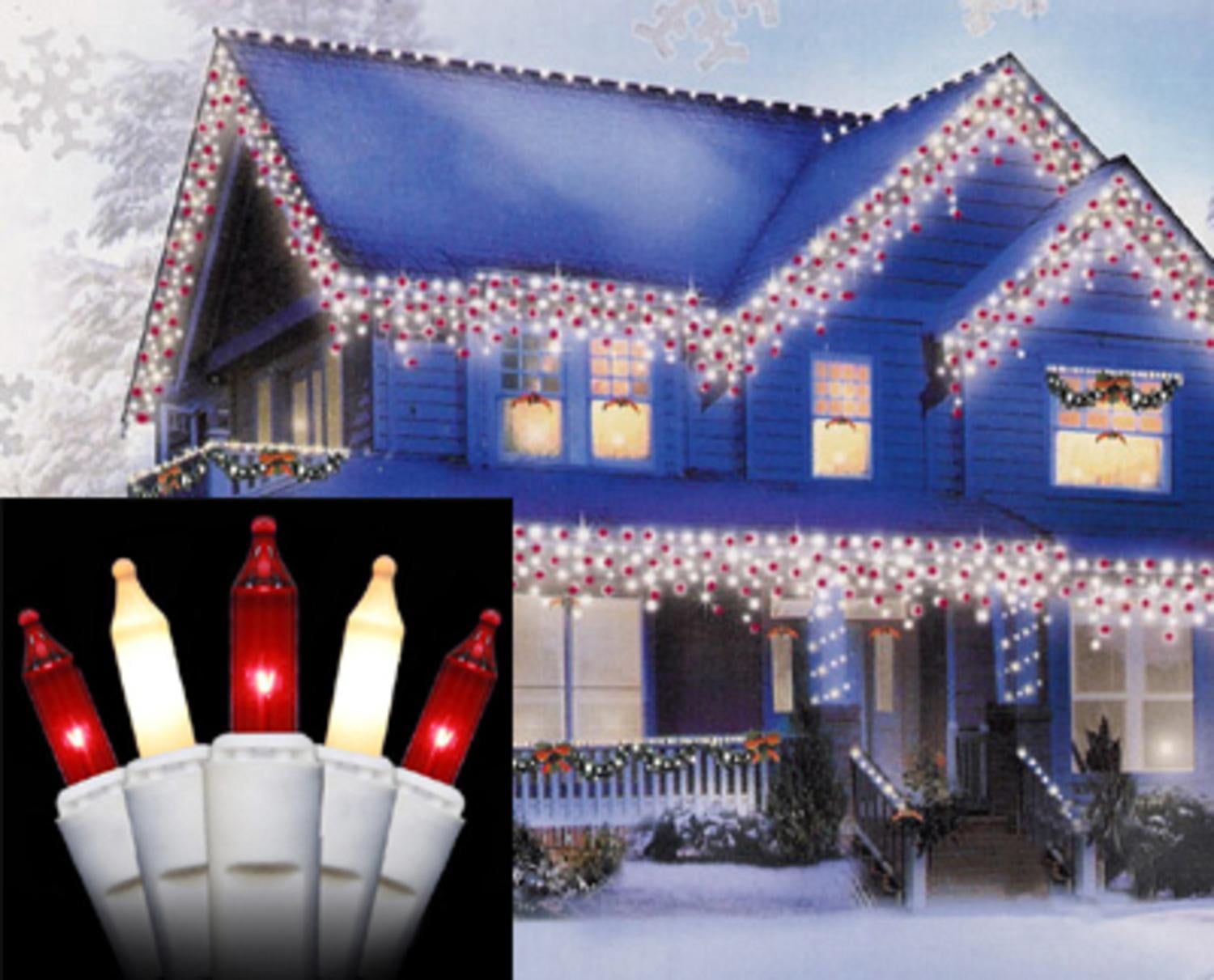 Set of 100 Red and Frosted White Mini Icicle Christmas Lights White