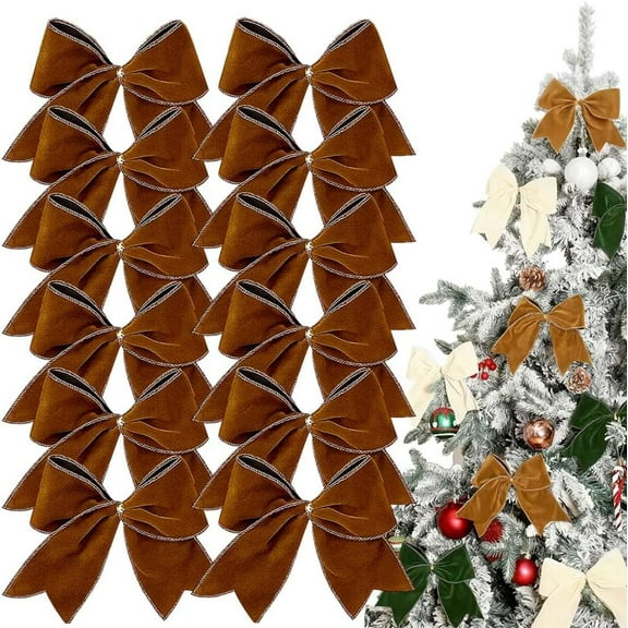 12PCS Velvet Christmas Tree Bows with Hair Clip, 6-Inch Rustic Ribbon Ornaments for Xmas Trees, Wreaths, Garlands & Gift Wrapping, Vintage Velvet Bows for Christmas Tree Decorations (Brown)