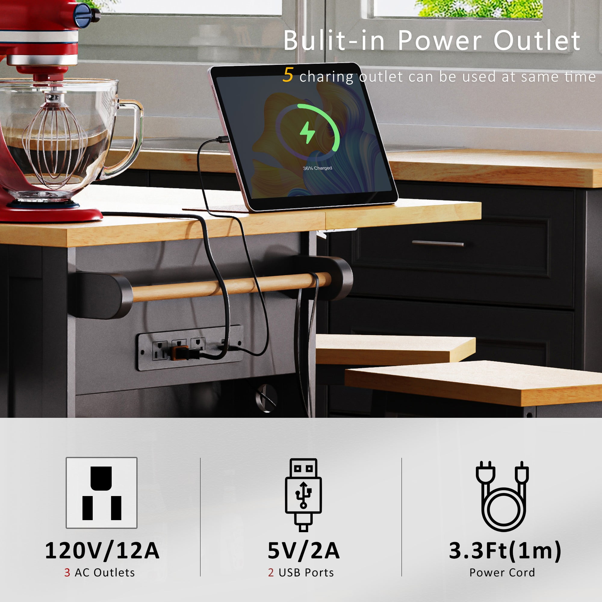 Îlot de cuisine Noble House 135 cm avec 2 tabourets de bar et prise électrique, noir