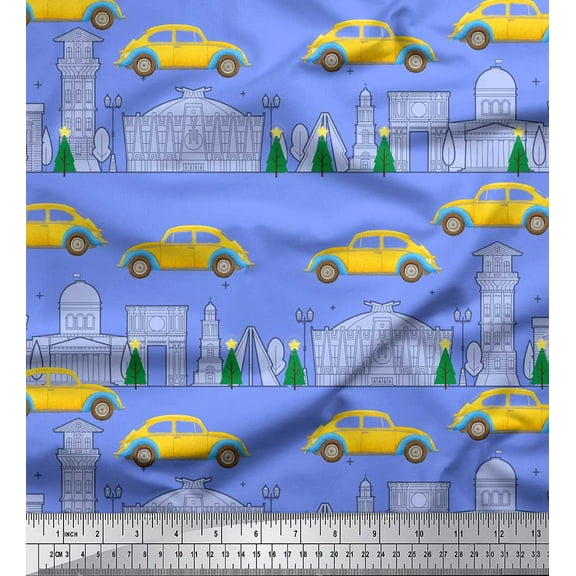 Soimoi Blue Cotton Voile Fabric Tree,Car & Sketch Monuments Architectural Printed Craft Fabric by the Yard 42 Inch Wide