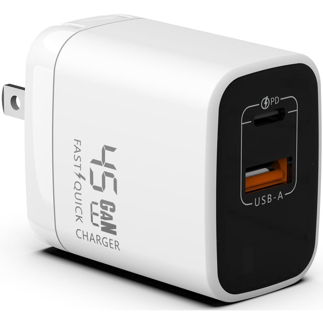 Cargador Vebner Dual USB-C USB-A Fast GaN de 45 W, color blanco