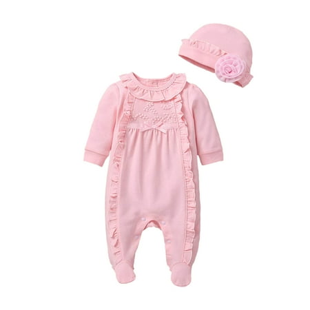

Lieserram Newborn Baby Girl Clothes 2 4 6 8 Months Romper Jumpsuit Long Sleeve Ruffled Footie Bodysuit Hat Outfit