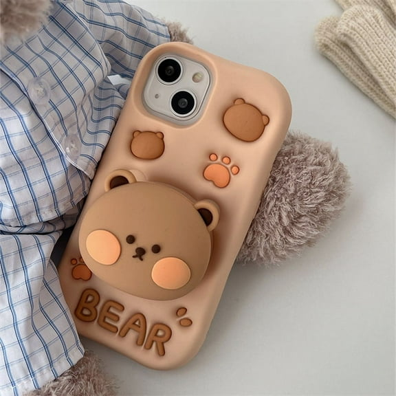 Cute cartoon bear hidden holder 3D soft silicone phone case for iPhone 15 14 13 12 11 pro Max girl Anti-drop shockproof cover