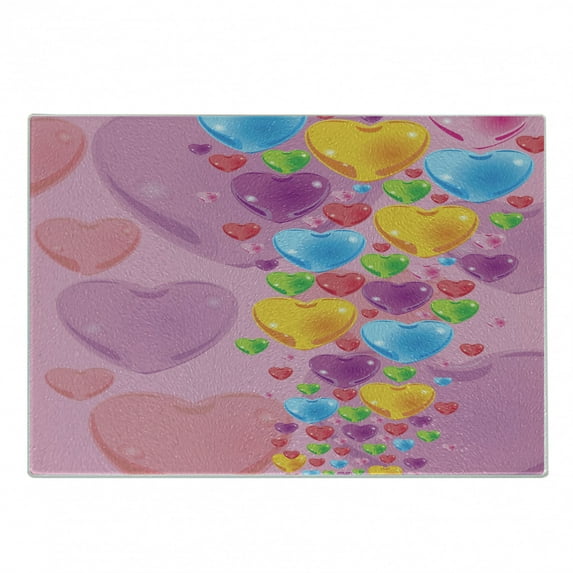 Cartoon Cutting Board, Romantic Art with Colorful Crystal Hearts Creative Fun Celebration Theme, Decorative Tempered Glass Cutting and Serving Board, Small Size, Multicolor, by Ambesonne