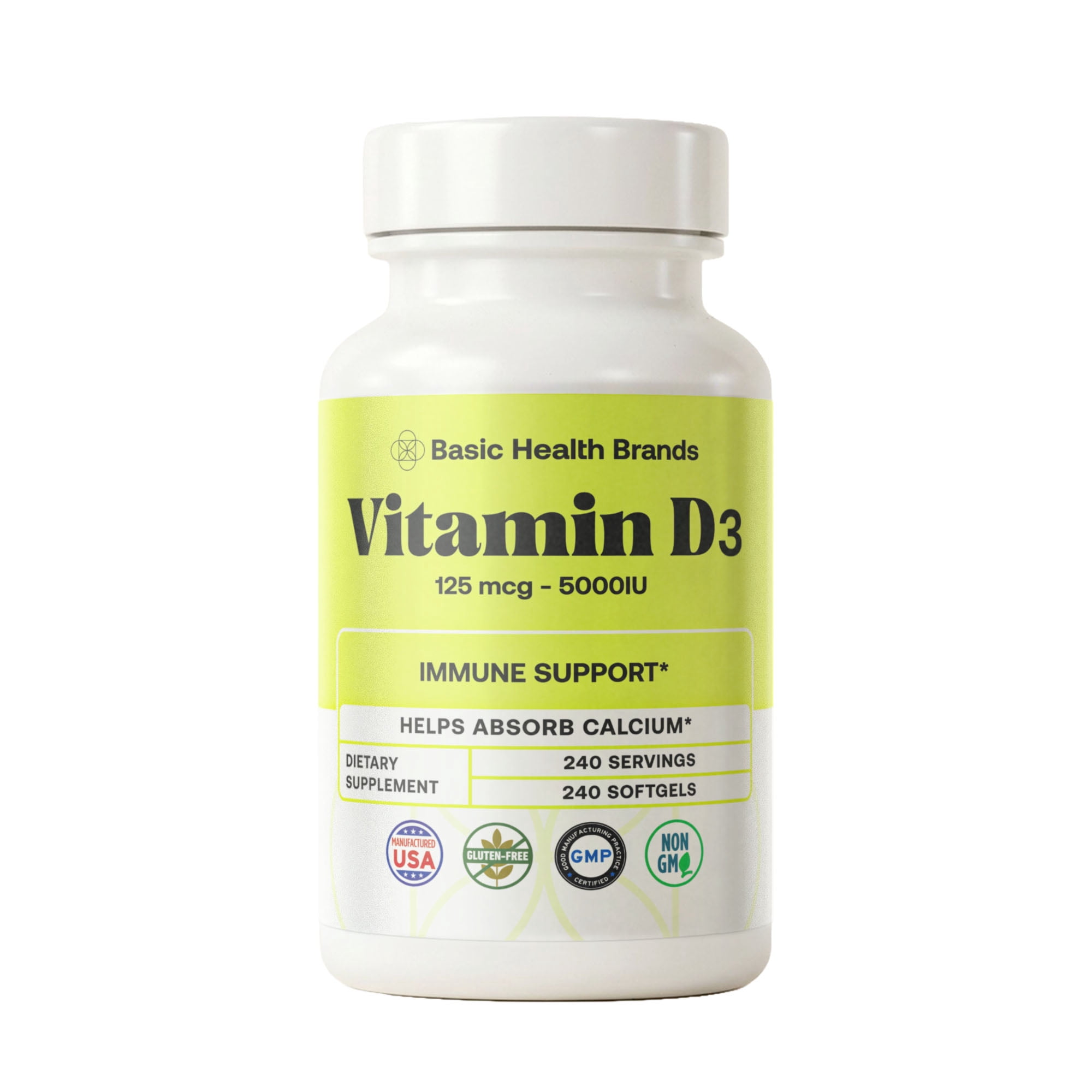 Basic Health Brands Happy Sunshine Vitamin D3, 5000 IU, Supports Bone & Immune Health, Dietary Supplement - 240 Count