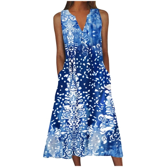 ibuvkizy Summer Dresses for Women Plus Size Summer Dresses,New Women's V-neck Button Button Sleeveless Printed Long Dress,Holiday Party Beach Dress,Gifts for Women