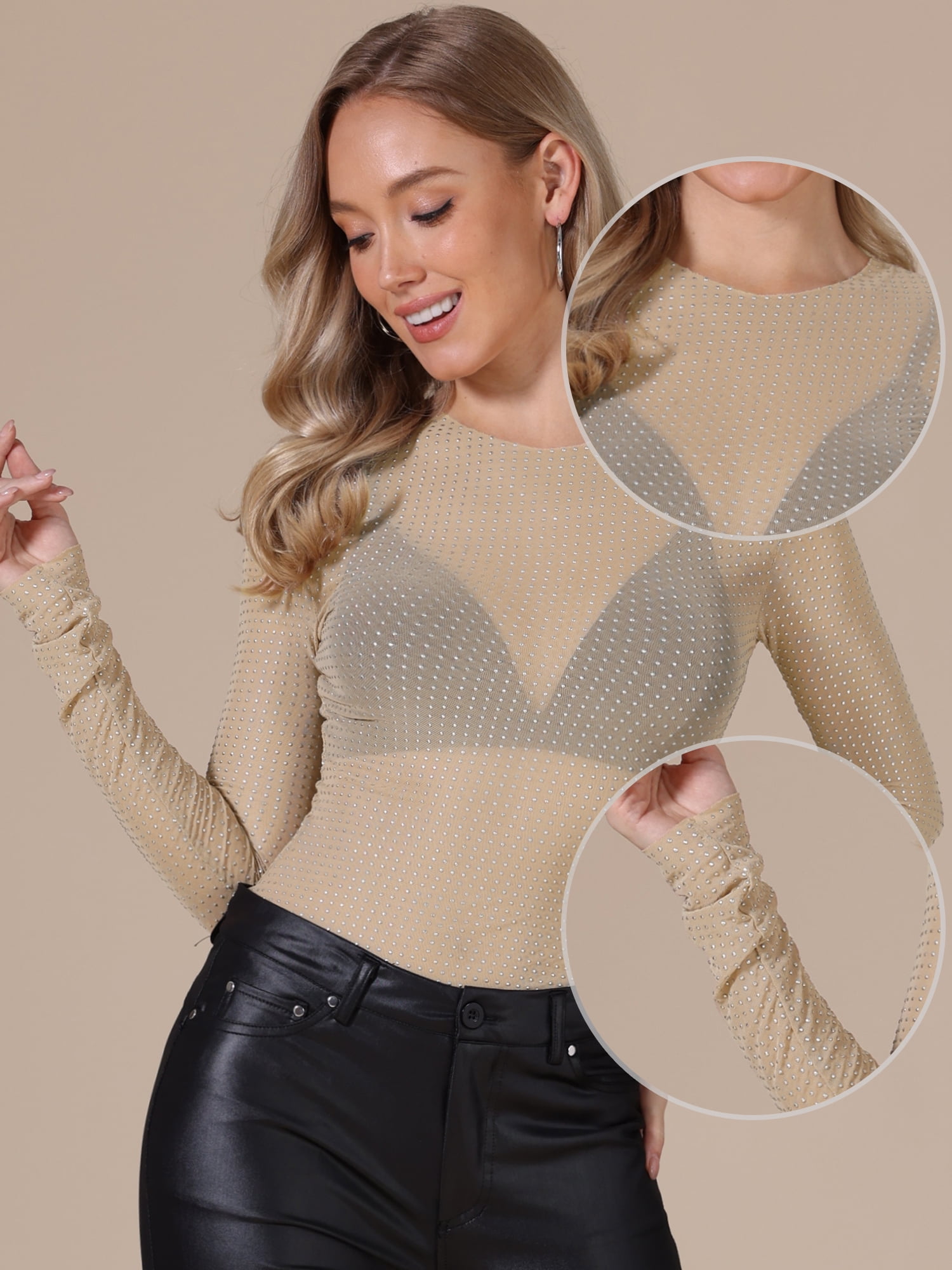 DARING DIVA Women's Mesh Sheer Tops Long Sleeve Rhinestone Party Tee Shirt S Nude
