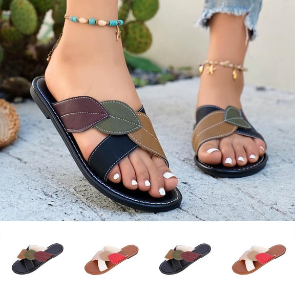 Bxsruta Women‘s Plus-Size Comfortable Peep-Toe Thong Sandals, Flat Leather Patchwork Flip Flops for Wide Feet, Spring Summer Beach Casual Shoes (US 5.5-9.5)