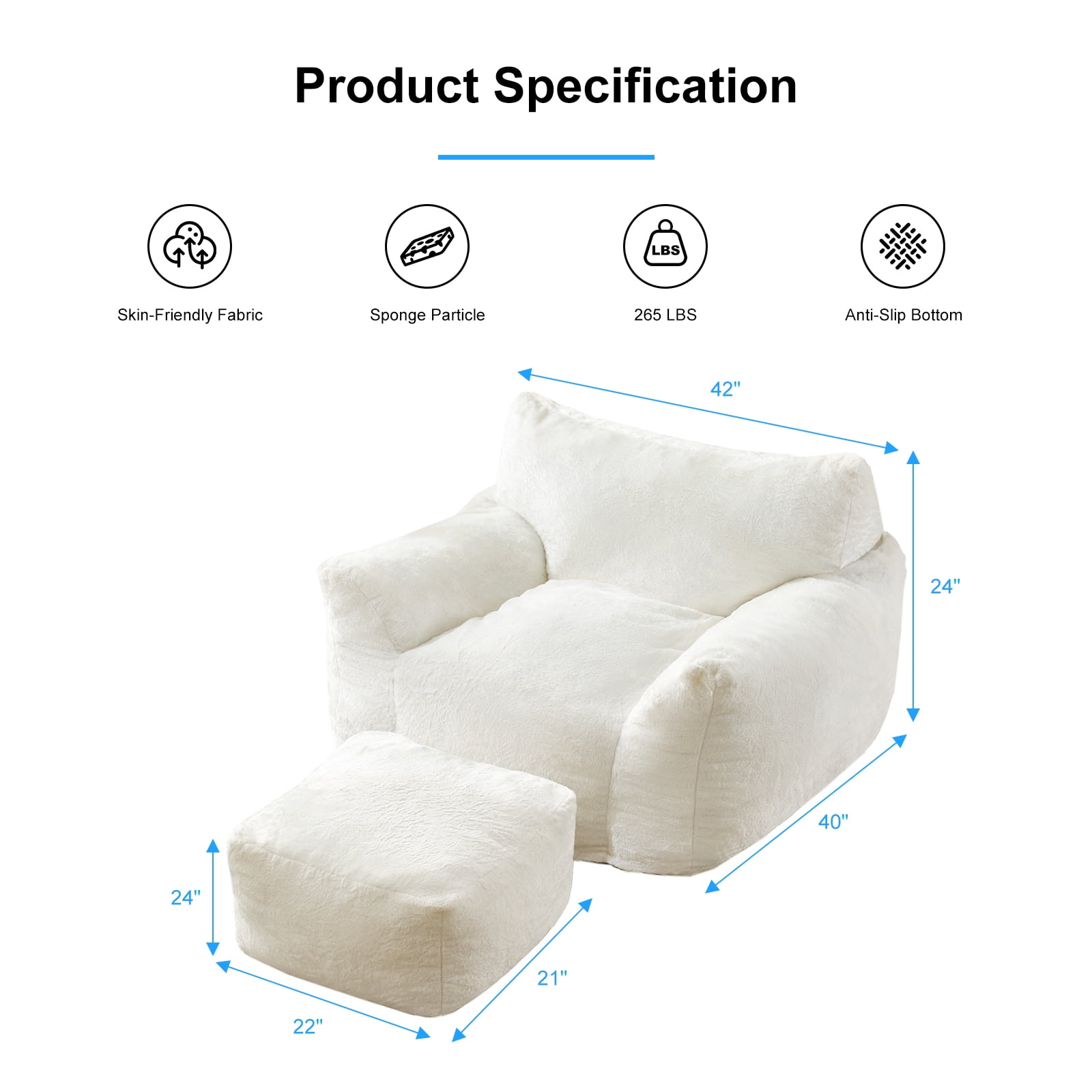 Puremind Bean Bag Chair for Kids and Adults, Oversized Bean Bag Couch with Ottoman, Faux Fur Lazy Sofa Chair for Living Room/Apartment/Bedroom, Beige