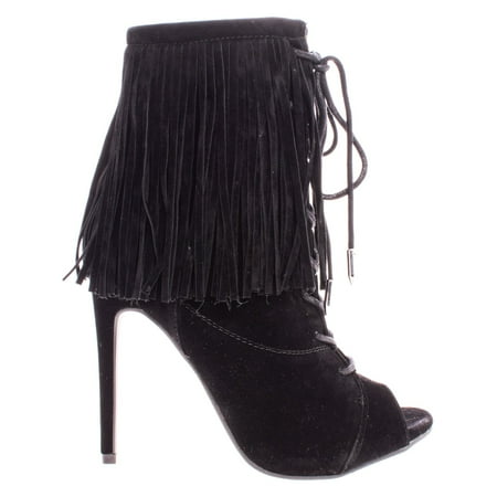 

Pompeo by Shoe Republic Boho Peep Toe Fringe Ankle Boots w/ Corset Lace Up High Heel Shoes