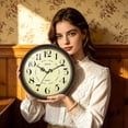 thumbnail image 2 of Geevon 12 IN Retro Wall Clock No Ticking Sound, Wall Clock with Quartz Accents and Vintage Patterns, Frame with Gold Border for Kitchen, Bedroom, Office, Classroom, Living Room Decor (Reddish Brown), 2 of 10