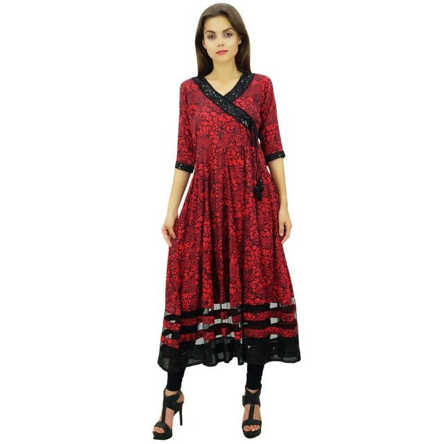 Phagun Robe Kurta Style Angrakha Rouge Ligne A pour Femmes Tunique Évasée-18