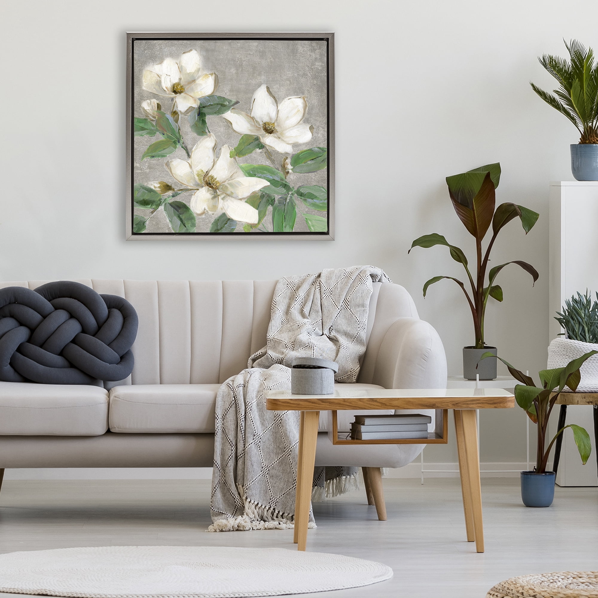 Stupell Industries Ivory Magnolias on Grey Gray Framed Floater Canvas Wall Art, design by Sally Swatland