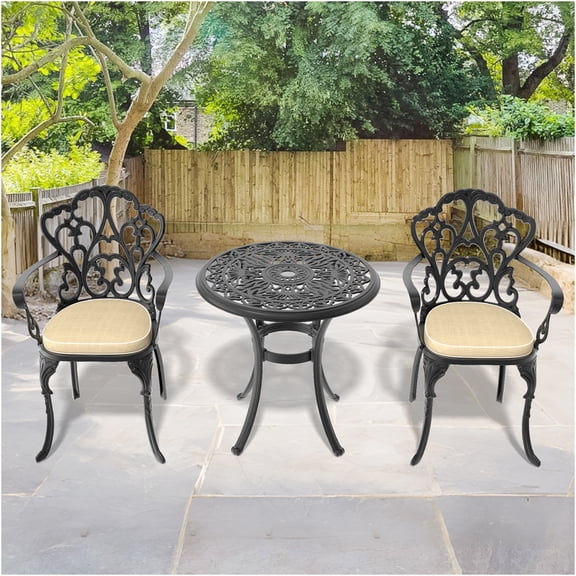 JERFIT 3-Piece Cast Aluminum Outdoor Patio Set with Round Table, 2 Chairs & Weather-Resistant Cushions, Black Bistro Set for Garden, Porch, or Deck