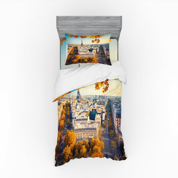 Ambesonne Fall Bedding Set 3 Pcs, Aerial View Eiffel Tower, Twin XL, Multicolor