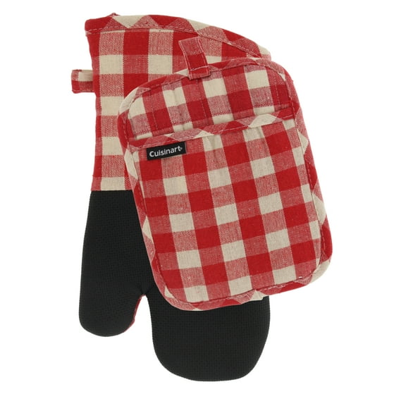 Cuisinart Buffalo Check Oven Mitt and Pot Holder Set, 2 Pieces, Red & Ivory