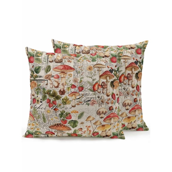 Waterproof Outdoor Throw Pillows with Inserts 16"x16" Set of 2,Mushroom Soft Decorative Pillowcases for Bedroom,Pastoral Summer Botanical Watercolor Spring Floral Pillow Covers for Sofa Living Room