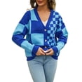 thumbnail image 2 of Womens Color Block Plaid Button Down Cardigan Long Sleeve Cable Knit Checkered Sweaters Tops Y2k Aesthetic Clothes Blue XL, 2 of 10