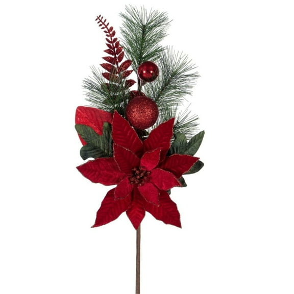 Vickerman 22" Merry Red Poinsettia, Ball, and Fern Decorated Spray, 2 per Bag