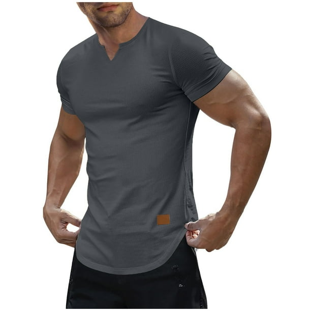Blusas y camisas de manga corta con cuello en V para hombre, estilo casual, de color liso, con textura vertical, de manga corta y cuello en V.
