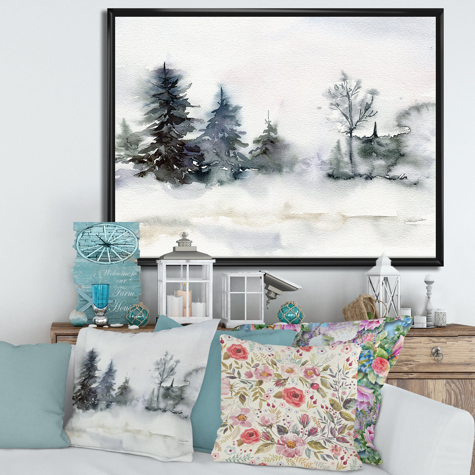 Christmas Minimalistic Snow and Forest Landscape 20 in x 12 in Framed Painting Canvas Art Print, by Designart