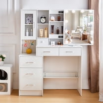 Teousev Modern Vanity Desk with LED Lights and Mirror, Makeup Vanity Table with Drawers & Cabinet for Bedroom, White