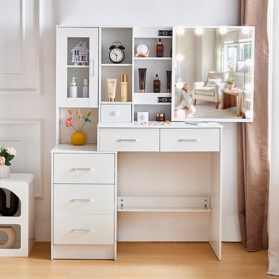 Teousev Modern Vanity Desk with LED Lights and Mirror, Makeup Vanity Table with Drawers & Cabinet for Bedroom, White