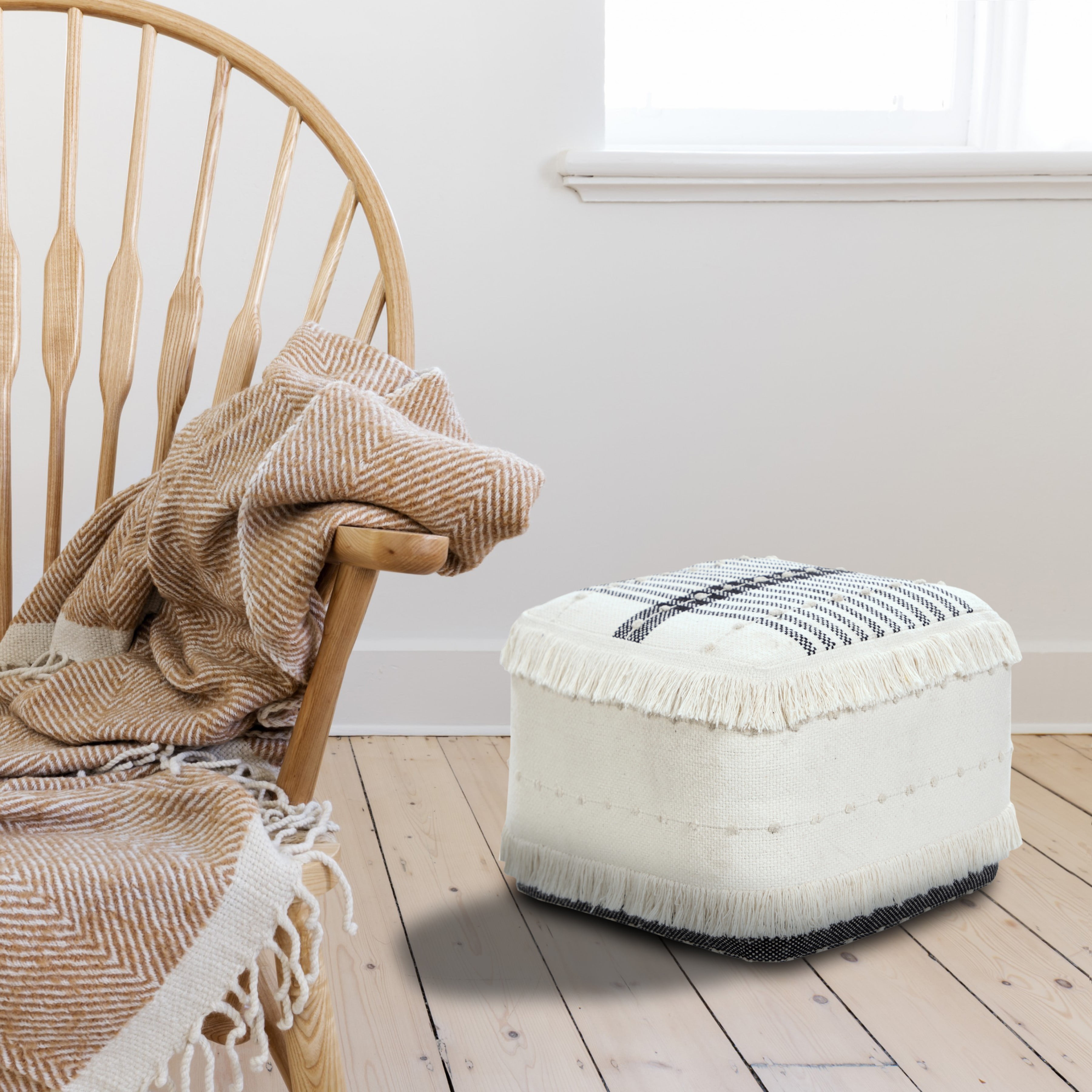 LR Home Small Fringe Striped Indoor Square Pouf, White/Black, 18" x 18" x 14"