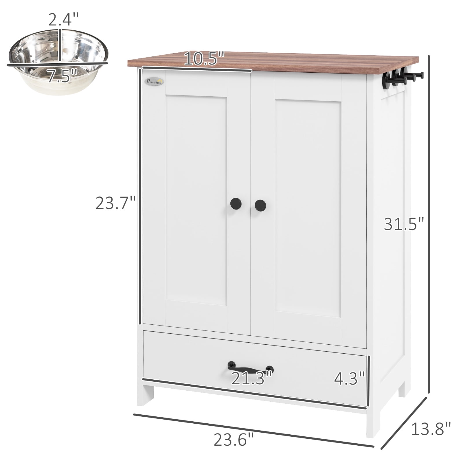 Dog Bed PawHut Dog Feeding Station, Dog Food Storage Cabinet with Hidden Dog Bowls, Adjustable Panel, Hooks for Medium Sized Dogs, White,Large Dog Bed