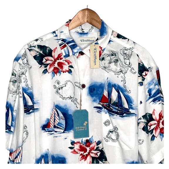 Roundtree and Yorke MENS nautical sailboat shirt short sleeve button up WHITE XL