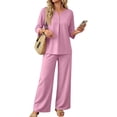 thumbnail image 2 of Two Piece Sets for Women 3/4 Sleeve Button Lounge Sets 2026 Summer Fall Vacation Travel Outfits Fashion Clothing Pink M, 2 of 6