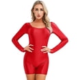 thumbnail image 4 of Traje de baño brillante para mujer, mono de color sólido elástico con cuello redondo, corte ajustado, mono corto para yoga, culturismo, gimnasio y fitness, 4 of 5