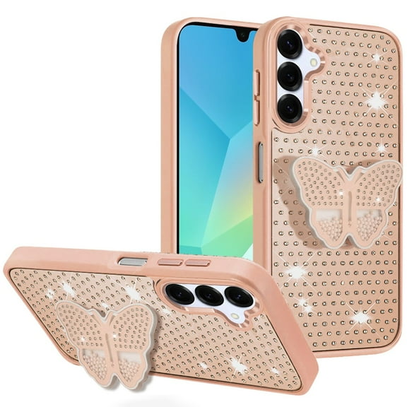 For Samsung A16 5G Butterfly Moveable Grip Stand With Small Diamonds Meta Buttons HQ Hybrid - Rose Gold