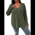 thumbnail image 1 of Suéter Informal de Punto con Cuello en V y Larga para Mujer, Talla Grande Verde XXL, 1 of 10