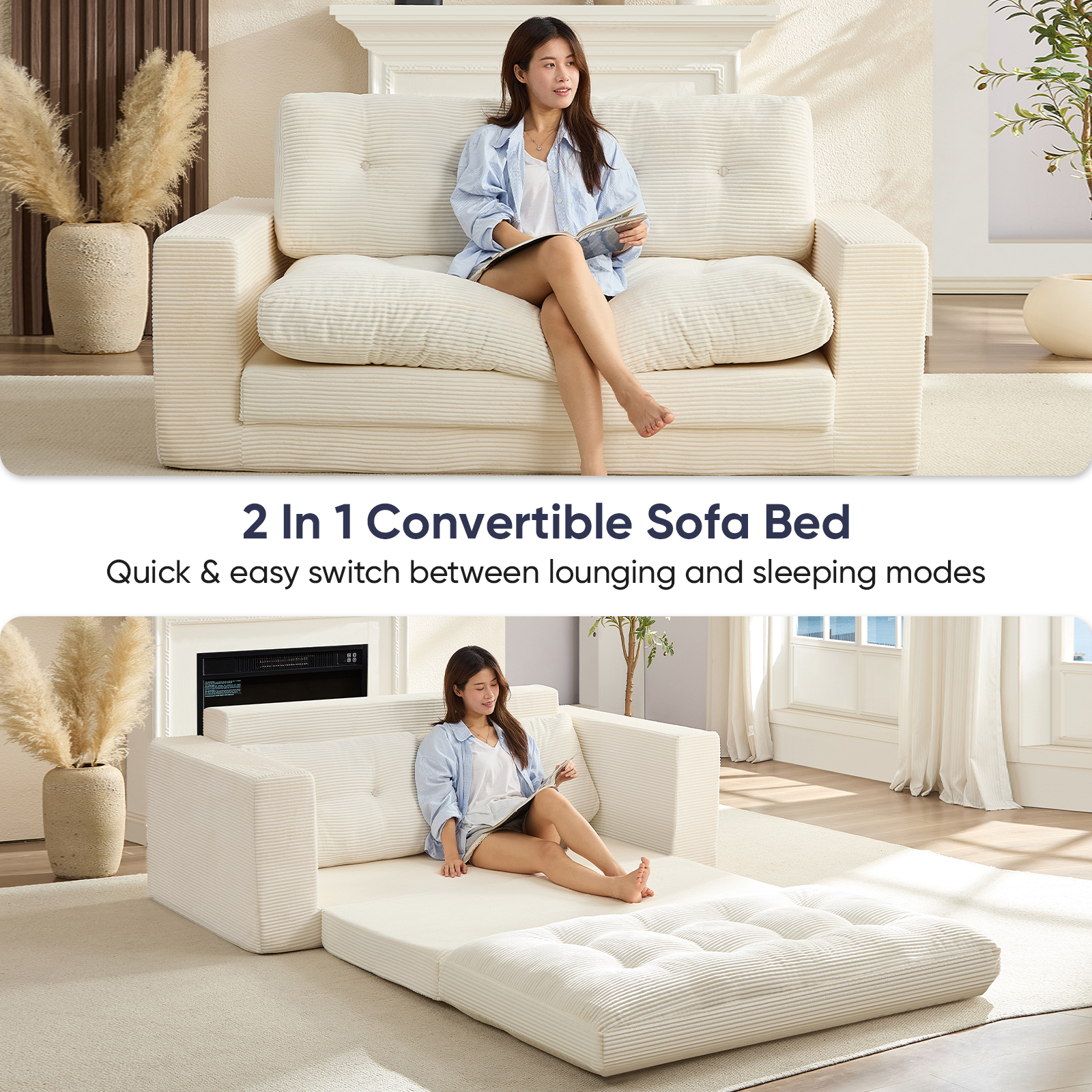 ZAFLY 2 in 1 Convertible Loveseat, Sleeper Sofa Bed, Floor Couch for Small Space - Beige