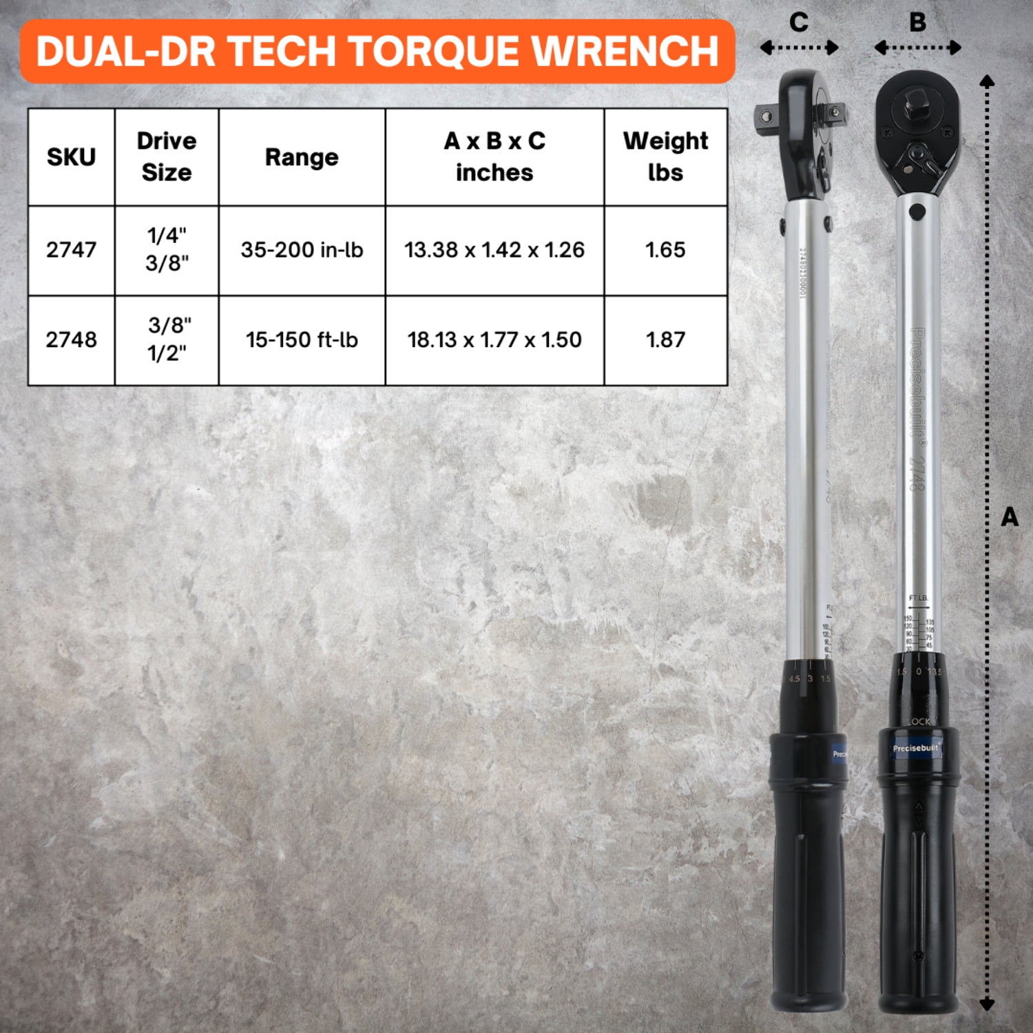 Precisebuilt 1/4" x 3/8" Dual-Drive 35-200 in-lb Click Tech Torque Wrench