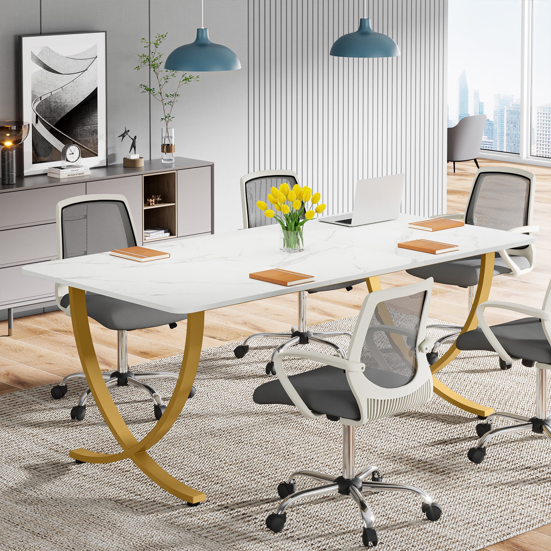 Finmind 63" Executive Desk, Large Office Desk with White & Gold Finish, Modern Computer Desk for Home Office, Conference Room