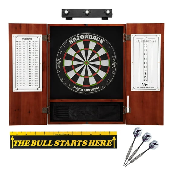 Viper Razorback Sisal Dartboard, Viper Underground Raven Steel Tip Darts 25 Grams, Metropolitan Cinnamon Cabinet, Shadow Buster Dartboard Lights & "The Bull Starts Here" Throw Line Marker