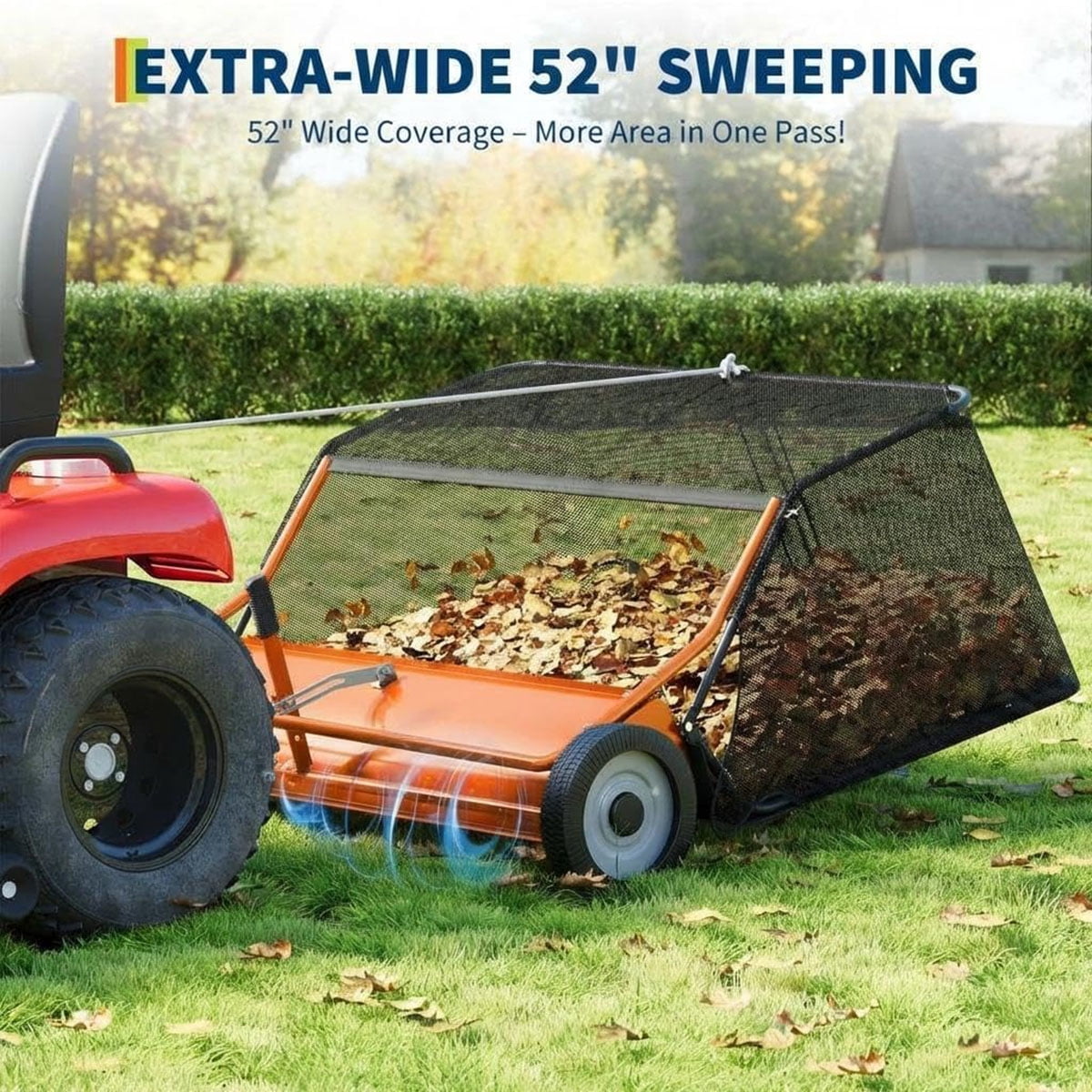 Ataucjin 52" Tow-Behind Lawn Sweeper，27 cu.ft. Large-Capacity Pull-Behind Grass & Leaf Collector, Heavy-Duty Adjustable Height, Dumping Rope Design for Easy Debris Disposal, Fits Tractors & ATVs