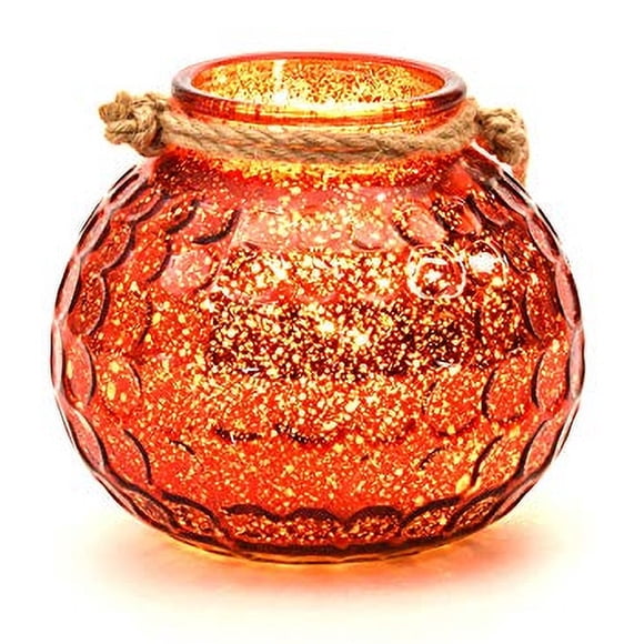 7" Illuminated Lighted Mercury Hammered Round Mercury Glass Lantern Candle Holders with Battery Operated Micro Lights for Home Décor (Red)