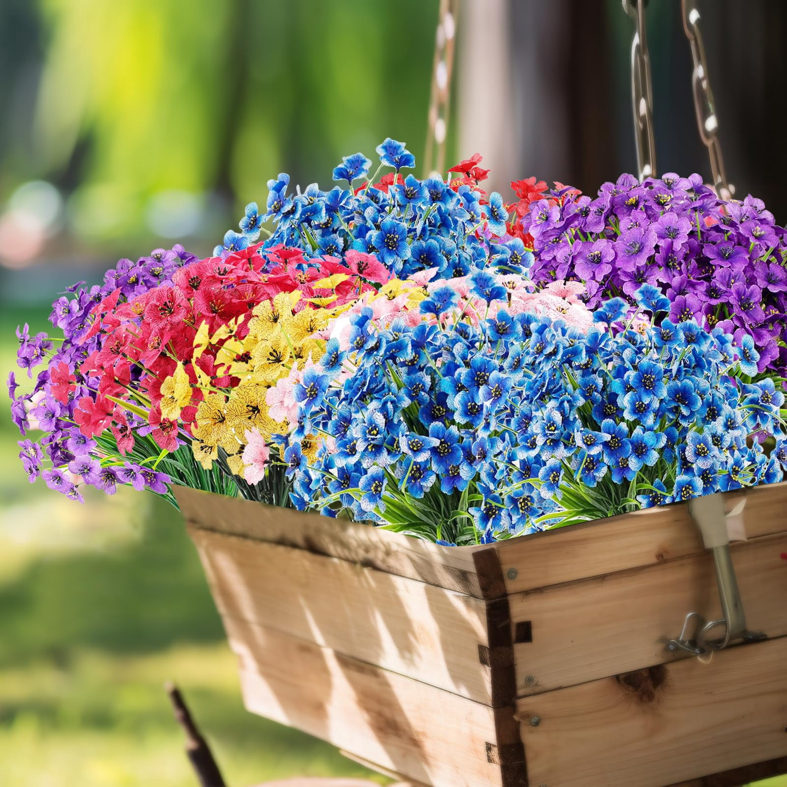 6 Bundles Artificial Silk Violet Flowers Realistic UV Resistant Outdoor Fake Plants for Indoor/Outside, Front Porch, Garden, Hanging Planter, Window Box Decoration (Blue)