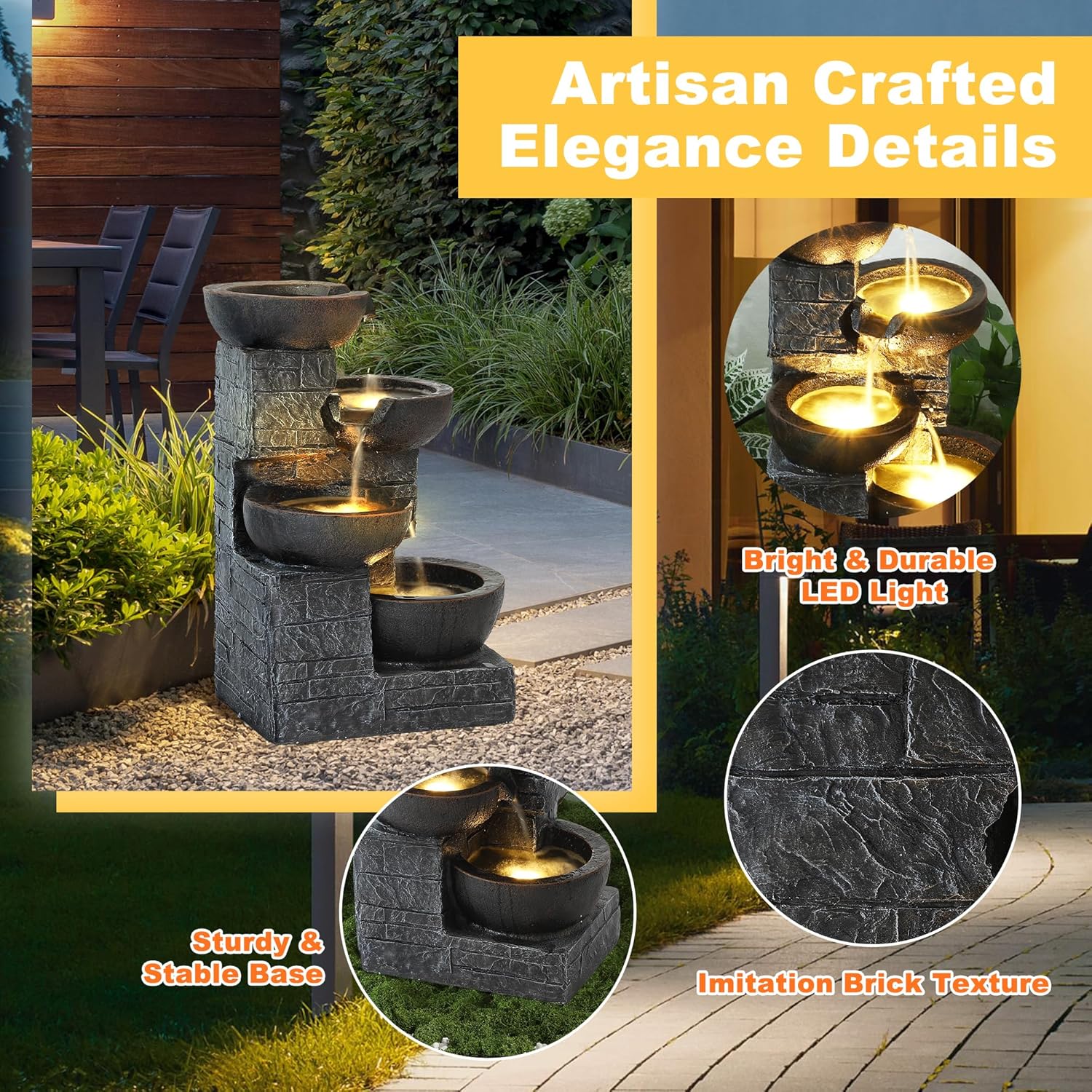 Magic Union Outdoor Water Fountain, 4-Tier Cascading Rock Bowls Waterfall Fountains w/LED Lights for Garden Yard Decor, Indoor Floor-Standing Resin Water Feature for Patio Deck Porch and Home