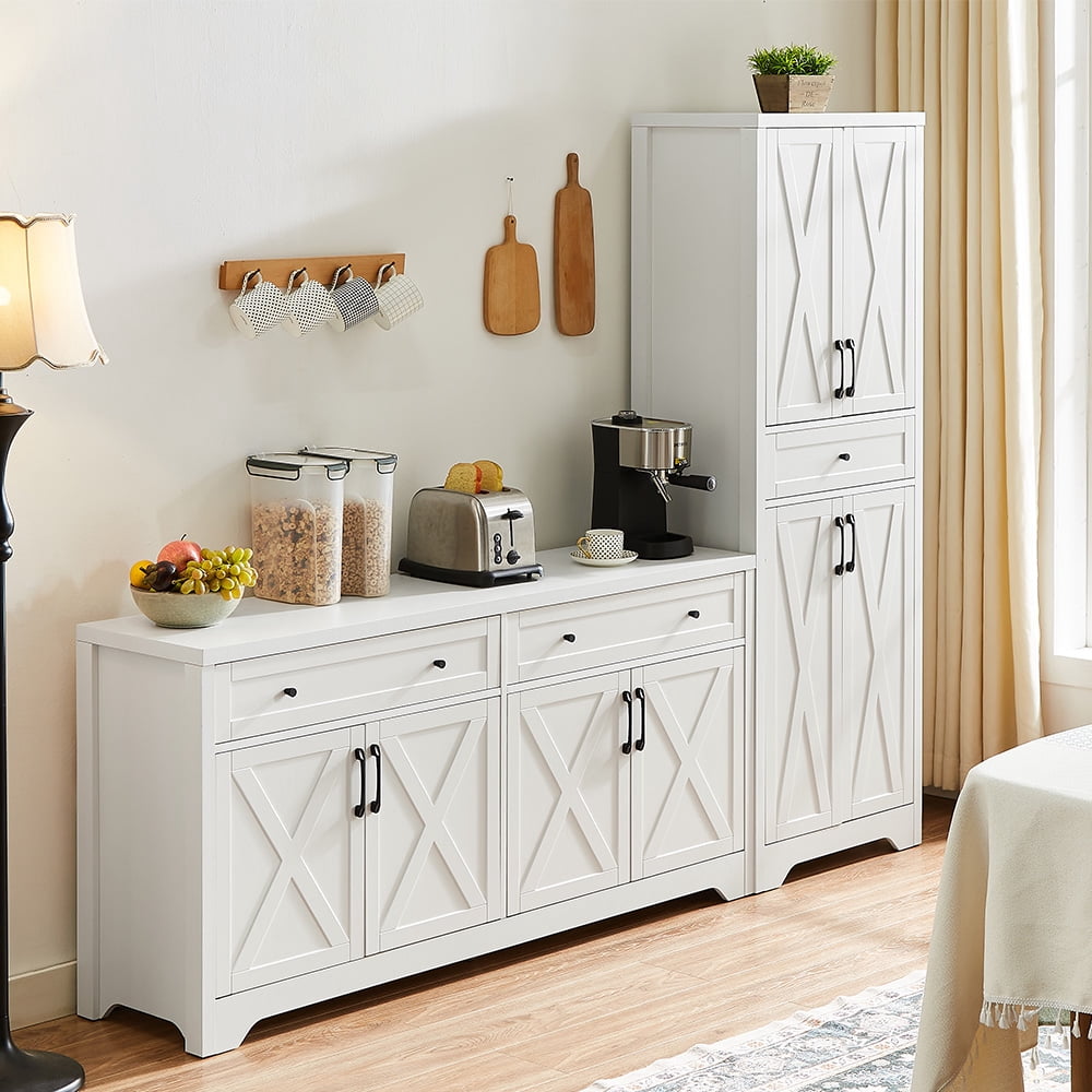 TrumanPick 3-Piece Modern Farmhouse Sideboard Buffet Cabinet and TV Cabinet & Kitchen Storage Pantry Set,White