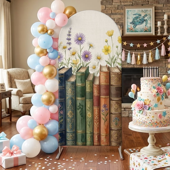 Colored Books Arch Backdrop Covers 5 FT, Vintage Floral Book Spines Linen Texture Stretchy Fitted Arched Stand Covers Party Arch Stand Cover Photo Booth for Wedding Birthday Decor