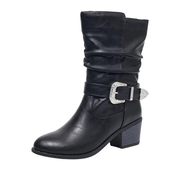 Dasayo Black Booties for Women Slouch Wide Width Mid-Calf Low Heel Pointed Toe Western Buckle Boots Womans Shoes 36