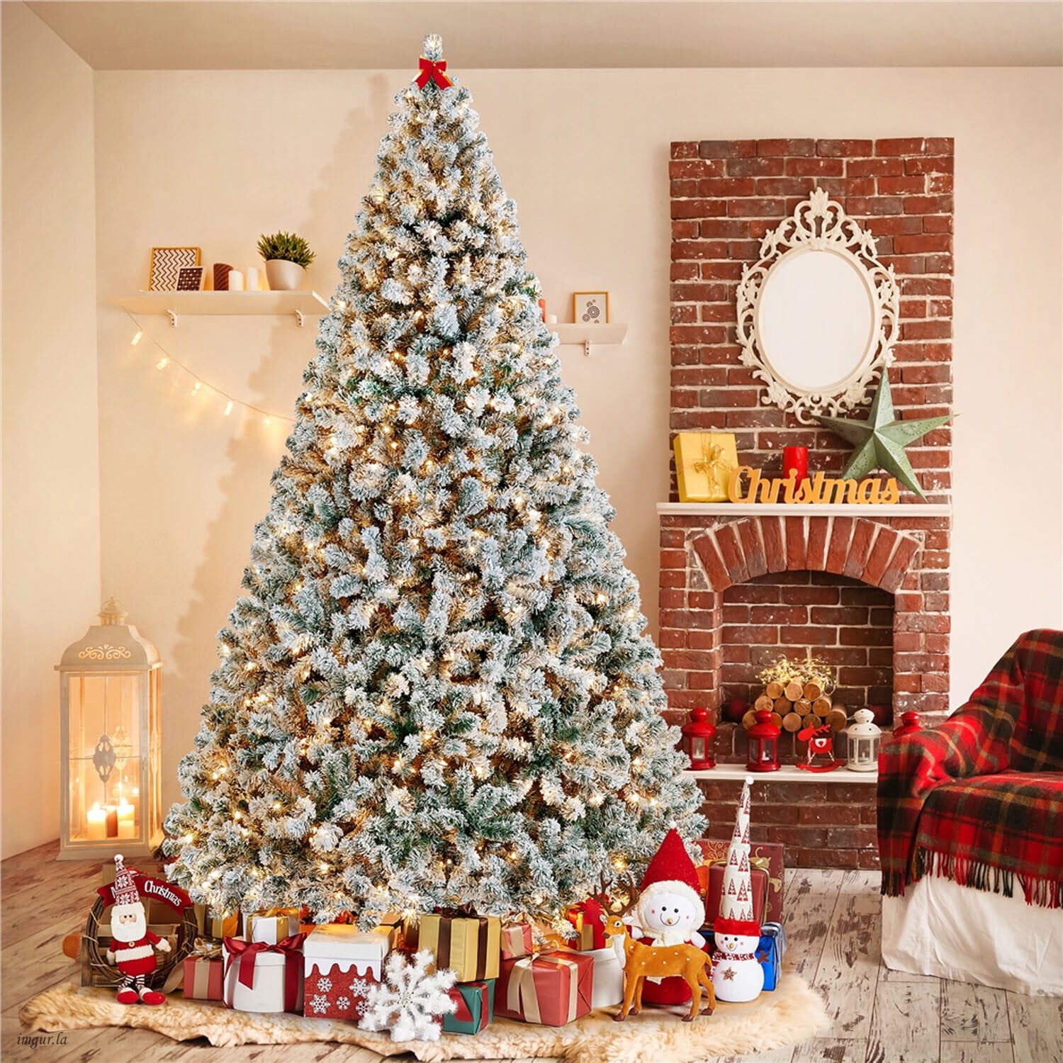 Alden Design 9FT Pre-lit Flocked Christmas Tree with Warm Lights,Hinged Christmas Tree with Foldable Stand,Green&White