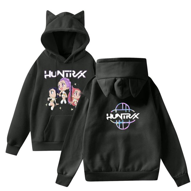 Pop cazadora para niña Demo-n Hunters Women's Fashion Hooded Sweatshirt Cat Ear Pullover Casual Streetwear Soft Comfortable Long Sleeve Tops for Daily Wear Spring Fall Winter (Black)