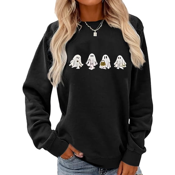 Halloween Spooky Season Sweatshirt Women Cute Ghost Sweatshirts Fall Embroidered Sweater Pullover Top