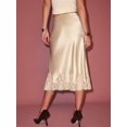 thumbnail image 2 of Champagne Silk Satin Midi Skirt With Lace Trim Elastic Waist A-Line, 2 of 7