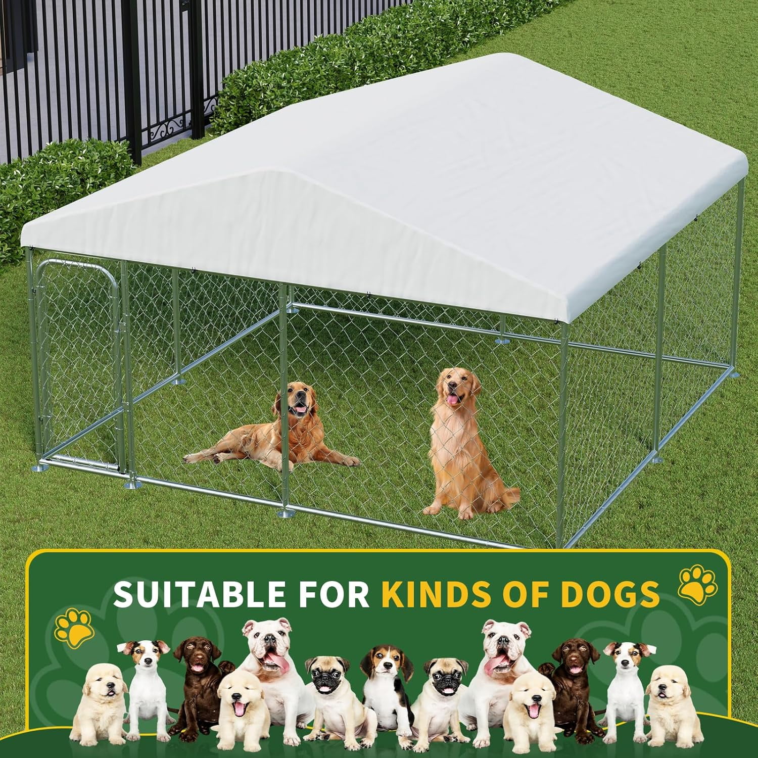 SELOOYE Outdoor Large Dog Kennel 10 x 10 FT, Heavy Duty Dog Enclosure with UV & Rain-Proof Fully Covered Roof, Rustproof Metal Mesh, Double Security Locks